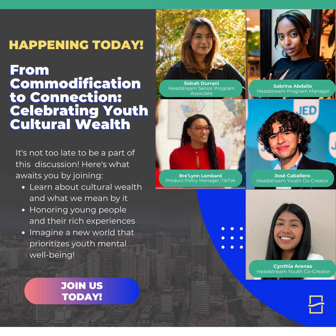 Join us TODAY @ 5PM ET / 2PM PT, for 'From Commodification to Connection: Celebrating Youth Cultural Wealth'! 🎉 Register now: bit.ly/4aAQb3v #YouthCulturalWealth #Innovation #YouthMentalHealth #Webinar' 🌍✨ @sidrahdurranii @_sabrinaabdalla @joseeezc