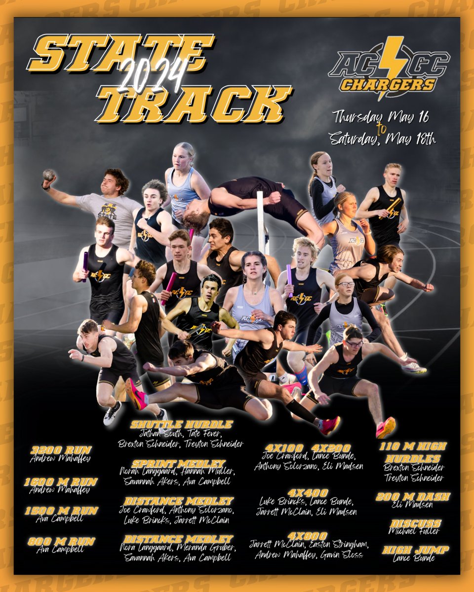 State Track begins tomorrow! Between the girls and boys teams, we have 19 athletes competing in 15 different events. Go get em' Chargers!  

📸 Mark Reno &amp; Shannon Payne Sports Photography