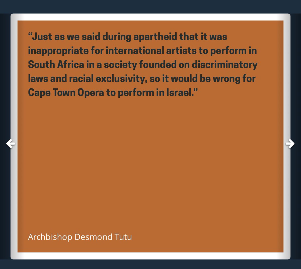 It’s not a radical nor antisemitic stance, it’s a simple call for actions to align w/morals: You wouldn’t buy products made in apartheid South Africa, or perform there, or participate in cultural exchanges there

The same should be true for Israel

Listen to Desmond Tutu himself