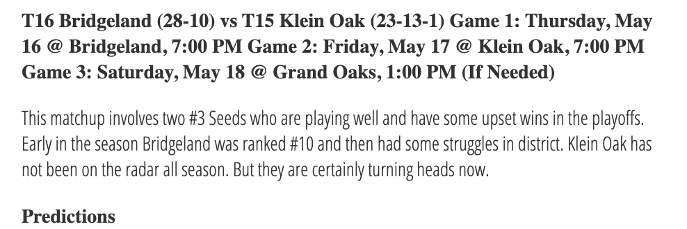 Regional Quarterfinal Outlooks/Predictions ($) are posted at TxHighSchoolBaseball.com