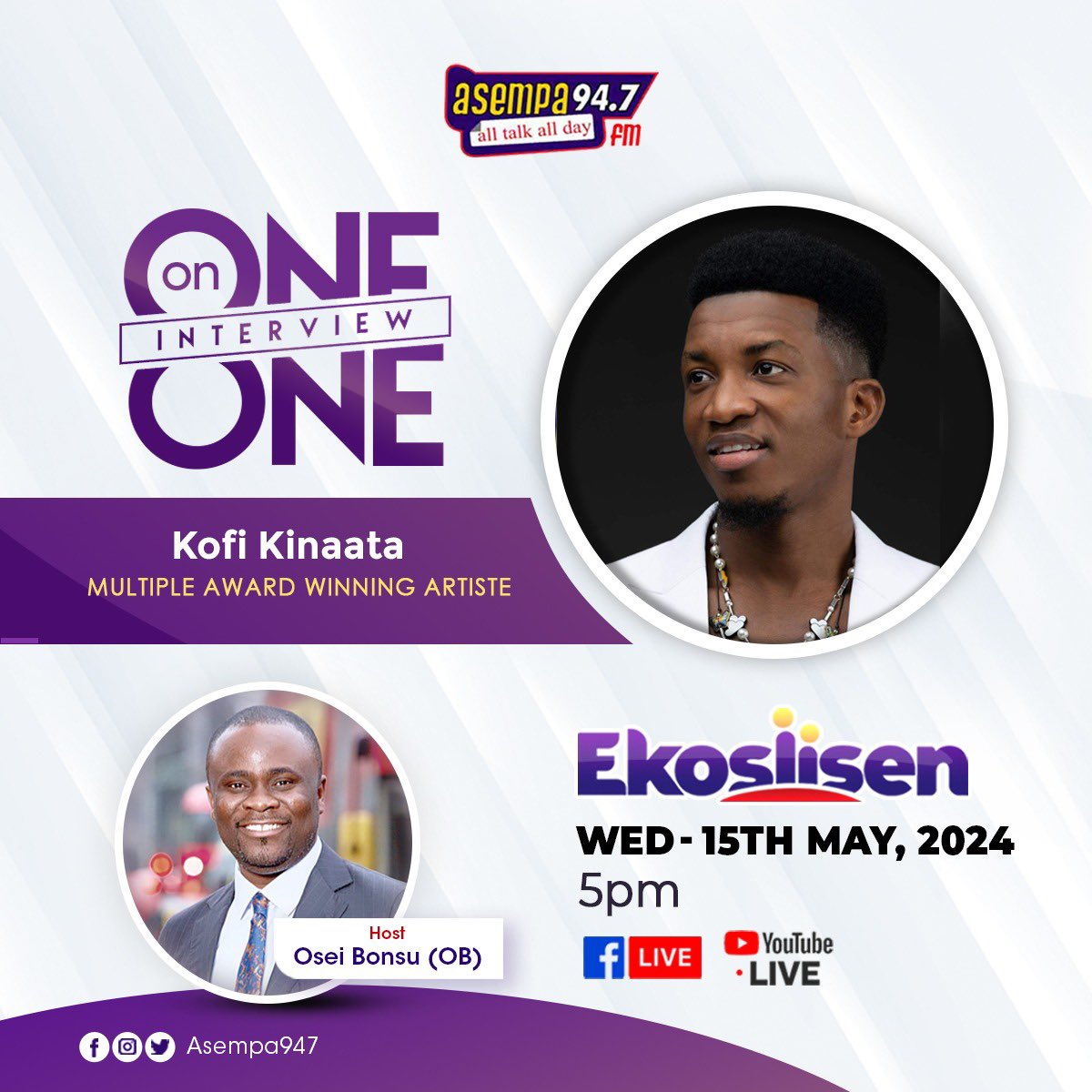This evening!
One on One with Osei Bonsu 
On Asempa 94.7 FM 

#KofiOOKofi #TeamMooove