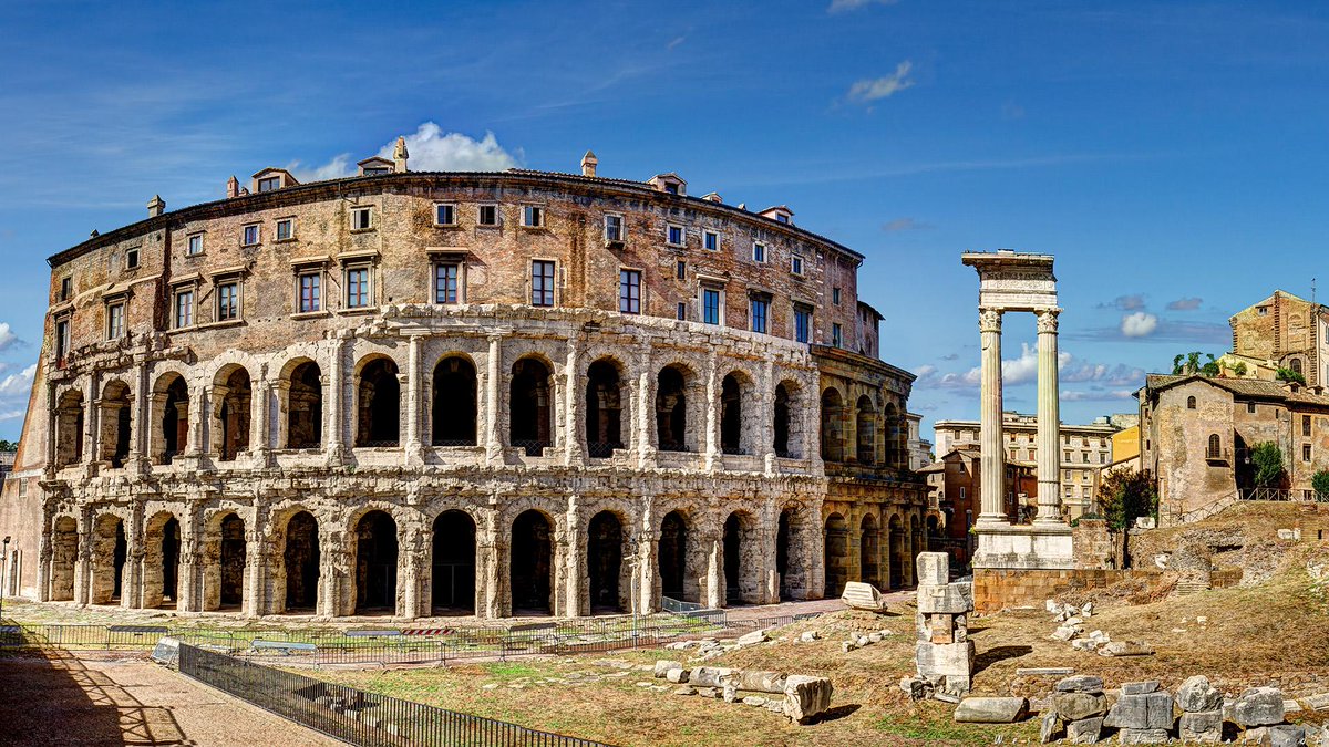 Ancient Rome's first stone theater: Theater of Marcellus and Temple of Apollo, Rome 13-11 BC.