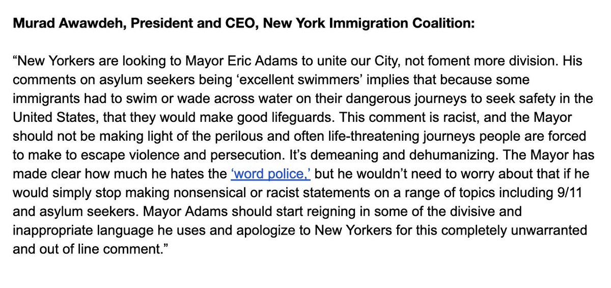 🚨 STATEMENT: Adams ‘Excellent Swimmers’ Comment is Racist and Divisive 'The Mayor should not be making light of the perilous and often life-threatening journeys people are forced to make to escape violence and persecution.' @HeyItsMurad 🔗 nyic.org/2024/05/adams-…