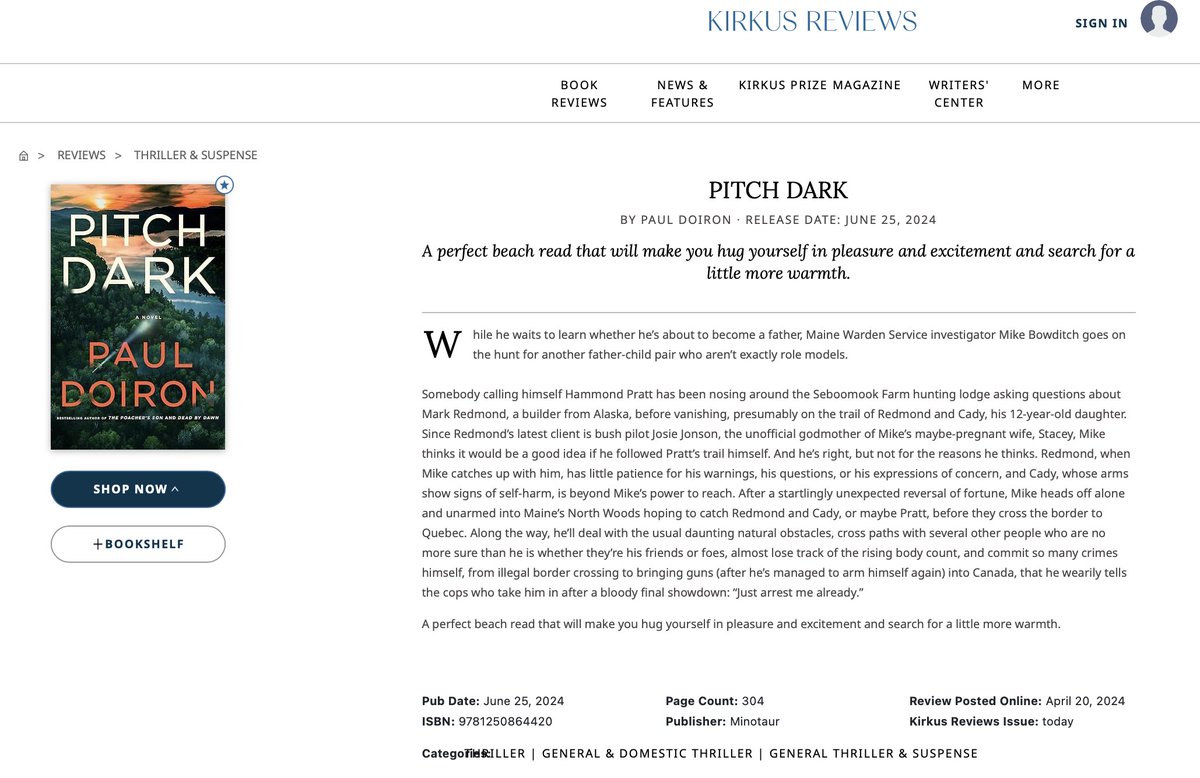 Thank you, @KirkusReviews, for this starred review of PITCH DARK, the 15th book in my Mike Bowditch series (coming 6/25). static.macmillan.com/static/minotau… @MacmillanAudio @MinotaurBooks