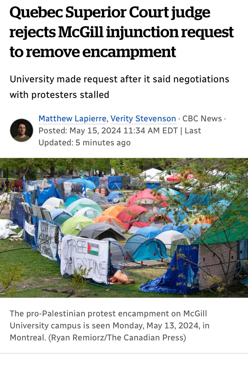 BREAKING: A Quebec Superior Court judge has rejected a second request for an injunction barring a Palestinian solidarity encampment on the campus of McGill University. The first request was brought by two pro-Israel students. Their application was dismissed days ago by a
