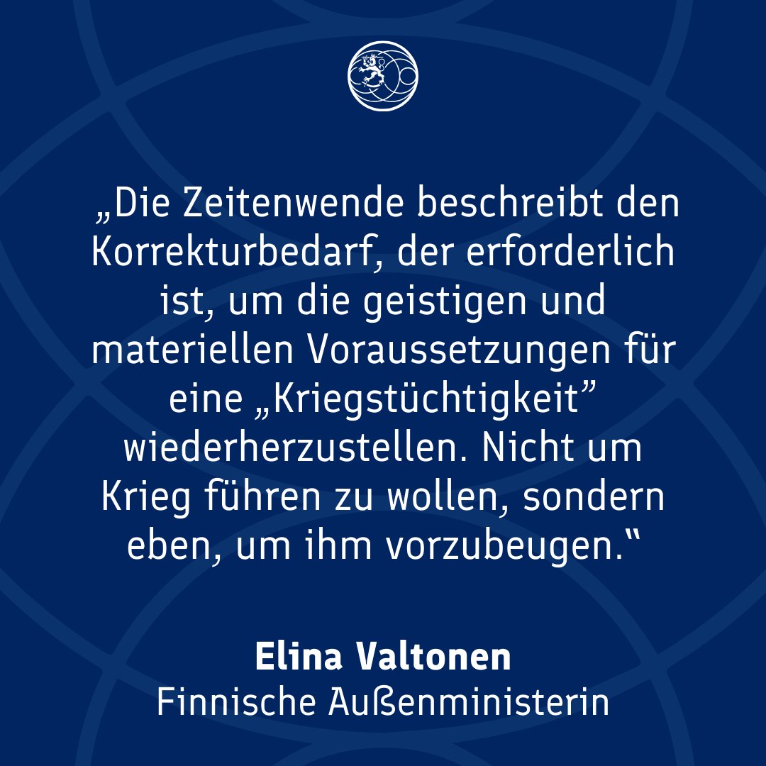 🇫🇮 @elinavaltonen auf der @KASonline-Konferenz: „Zeitenwende beschreibt den Korrekturbedarf, der erforderlich ist, um die geistigen & materiellen Voraussetzungen für eine „Kriegstüchtigkeit” wiederherzustellen. Nicht um Krieg führen zu wollen, sondern eben, um ihm vorzubeugen.”