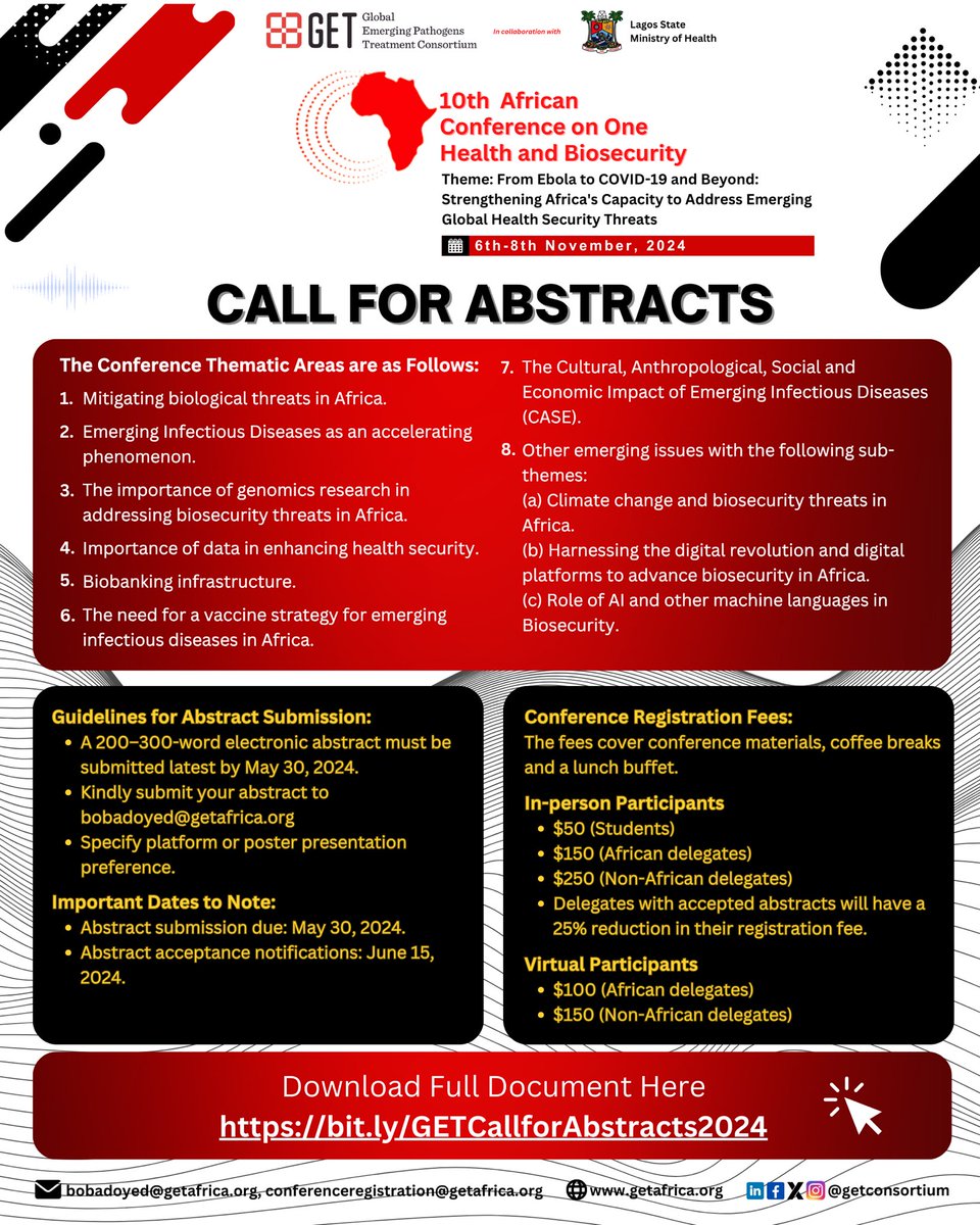 GETConsortium's tweet image. Call for Abstracts! 📢 Share your groundbreaking research at #GETConference2024

Theme: From Ebola to COVID-19 and Beyond: Strengthening Africa&apos;s Capacity to Address Emerging Global Health Security Threats.

Submit your abstracts by 𝐌𝐚𝐲 𝟑𝟎𝐭𝐡, 𝟐𝟎𝟐𝟒. 

#callforabstract
