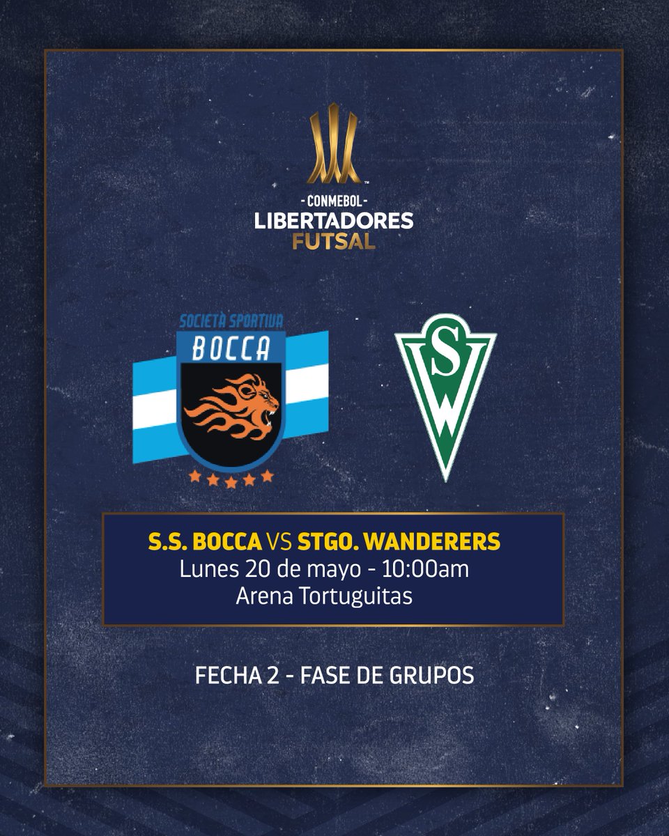 🏆⚽️ @SSBocca enfrenta a @FutsalWanderers por la fecha 2 de la fase de grupos de la CONMEBOL @LibertadoresFS. El partido será a las 10h00 en la Arena Tortuguita.