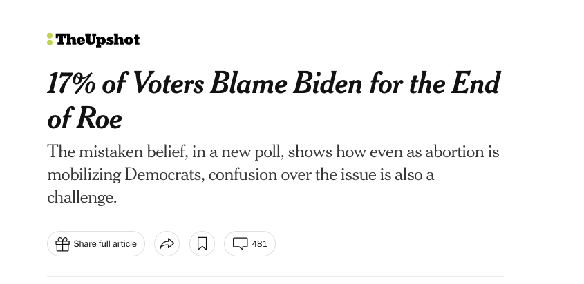 There is no defense of this poll question. The Times KNOWS Biden had nothing to do with this, yet the Times PRETENDS not to know so it can ask people if they blame Biden for the end of national abortion rights. Why do I talk about makebelieve so much? This is why.