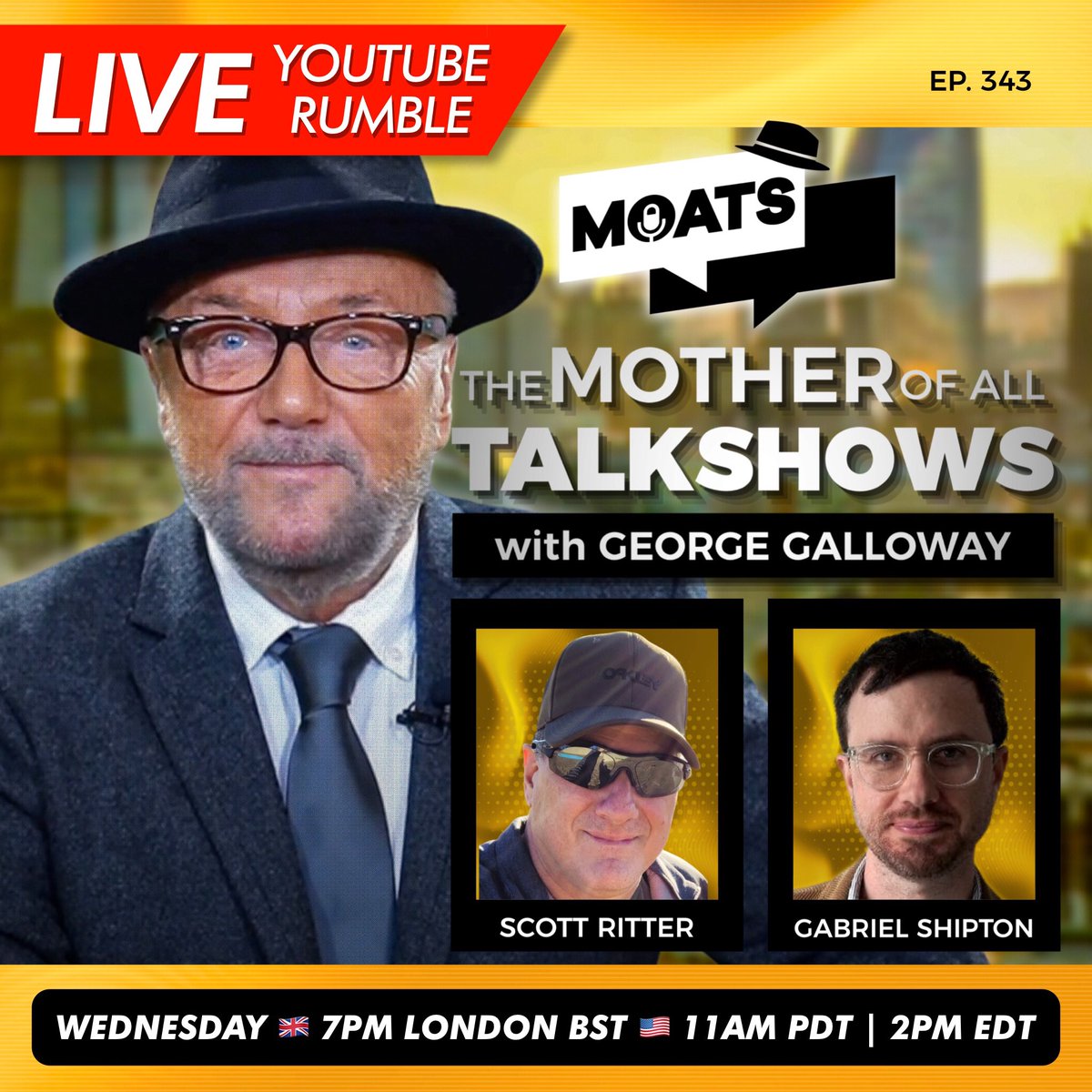 #TONIGHT Join The Mother of All Talk Shows! With guests @RealScottRitter and @GabrielShipton 🟥 youtube.com/live/NK_i2gwBG… 🟩 rumble.com/v4uxbke-moats-… #MOATS WATCH #LIVE 🇬🇧 7PM BST LONDON 🇺🇸 11AM PDT | 2PM EDT #Fico #Slovakia #US #Palestine #Israel #Assange #Genocide