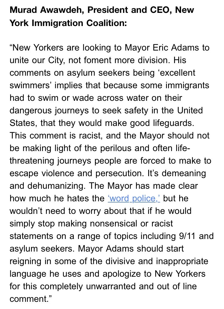Meantime, @HeyItsMurad, head of the New York Immigration Coalition, says the mayor's 'excellent swimmers' comment from yesterday was 'demeaning and dehumanizing.'