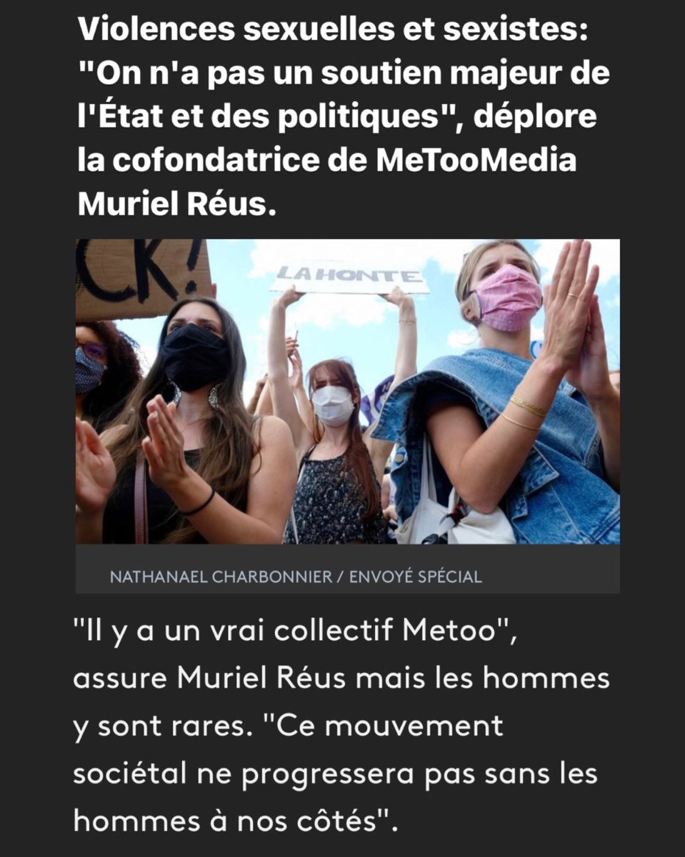 .@Reusmuriel1, Vice-Présidente et cofondatrice de MeTooMedia : 'Il y a un vrai collectif Metoo', mais les hommes y sont rares. 'Ce mouvement sociétal ne progressera pas sans les hommes à nos côtés' 👉 francetvinfo.fr/societe/violen…