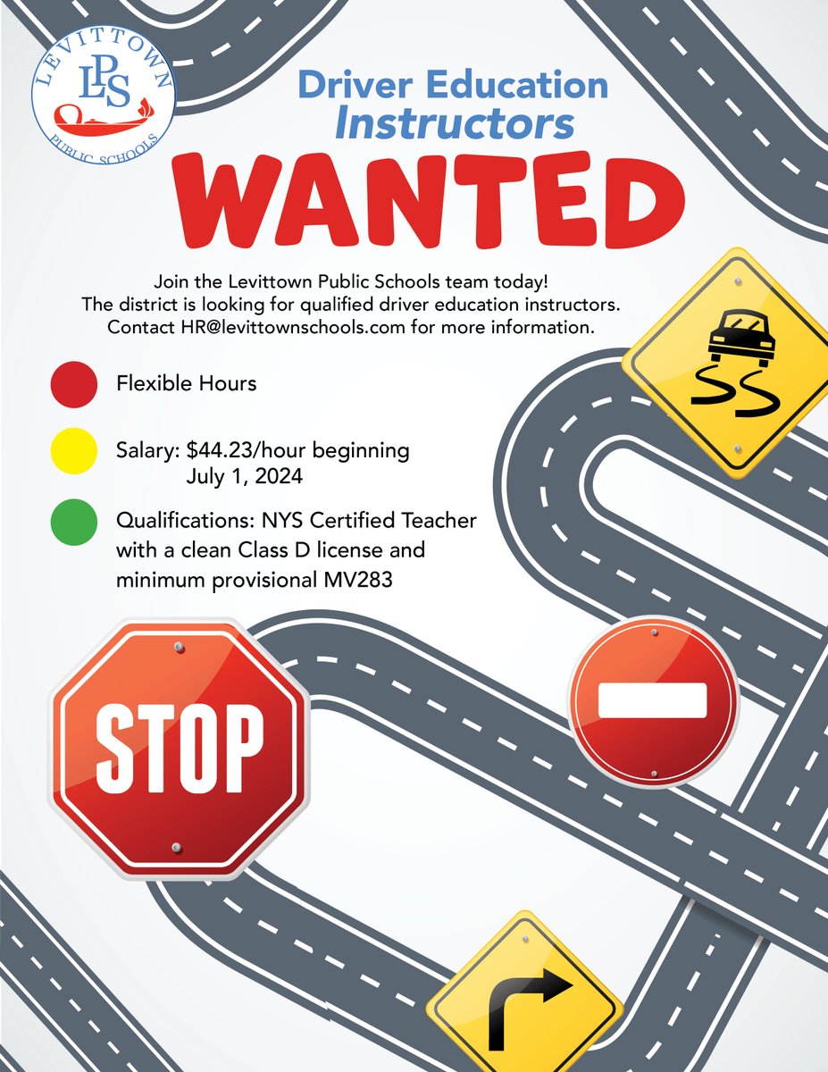 Driver Education instructors wanted! Please contact HR@levittownschools.com for more information.