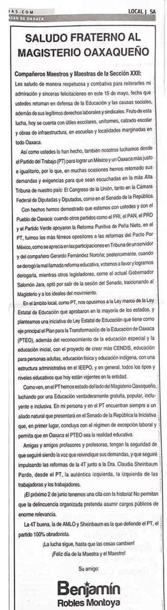 BenjaminRoblesM's tweet photo. Mensaje a las maestras y maestros oaxaqueños! Felicidades!! https://t.co/Djasj9H9n5
