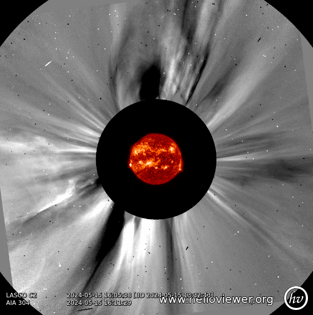 CORONAL MASS EJECTION CONFIRMED: We can see from this SOHO LASCO coronagraph difference image a bright area off the SE limb has just appeared. That is the CME from the recent X flare.