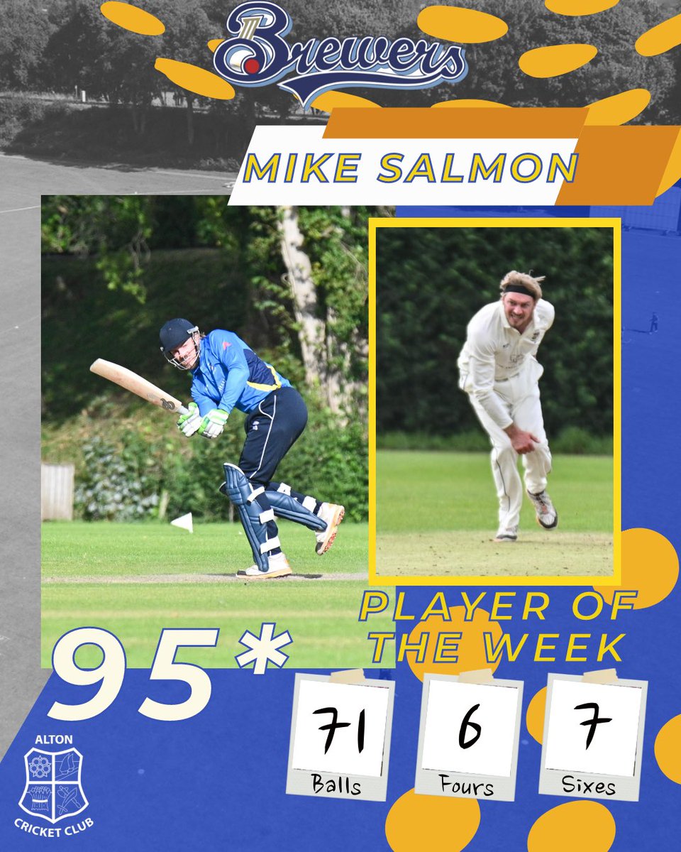 Player of the week 11/12th May 🏏🔥💙 Michael Salmon hit a brutal 95* including 7 sixes for 3XI His last ball six leaving him 5 short of 💯 next highest score extras 33 The Brewers won by 95 after some fine bowling but undoubtedly Mike’s 95* was the difference #clubcricket