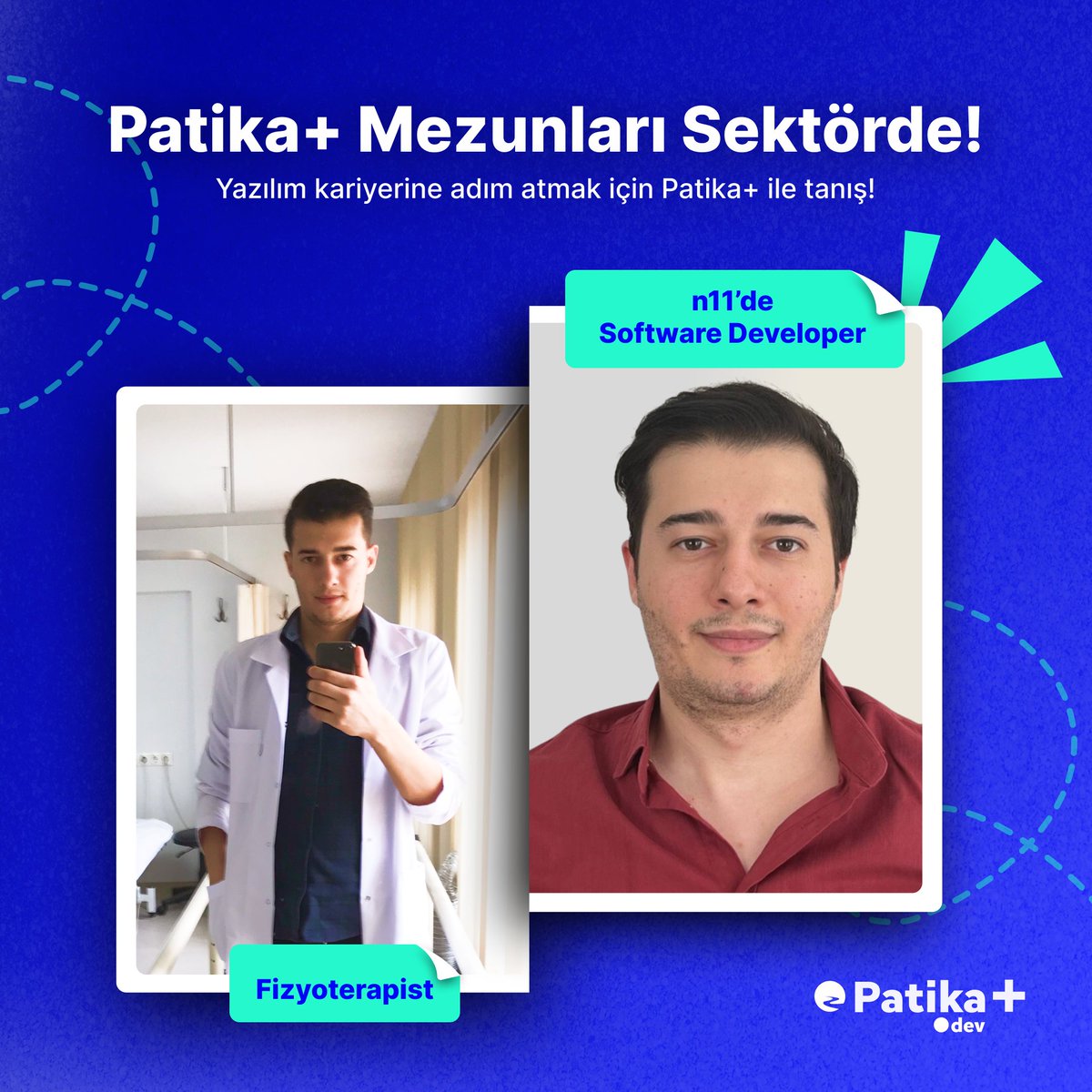 Patika+ mezunu Serhat Acar, fizyoterapistlikten sonra yazılım dünyasına geçiş yaptı! Serhat artık n11'de bir yazılım mühendisi olarak kariyerine yepyeni bir sayfa açıyor. Tebrikler Serhat! 👏 🌐 Serhat gibi yeni bir kariyer yolculuğuna başlamak isteyenler için sunduğumuz Patika+