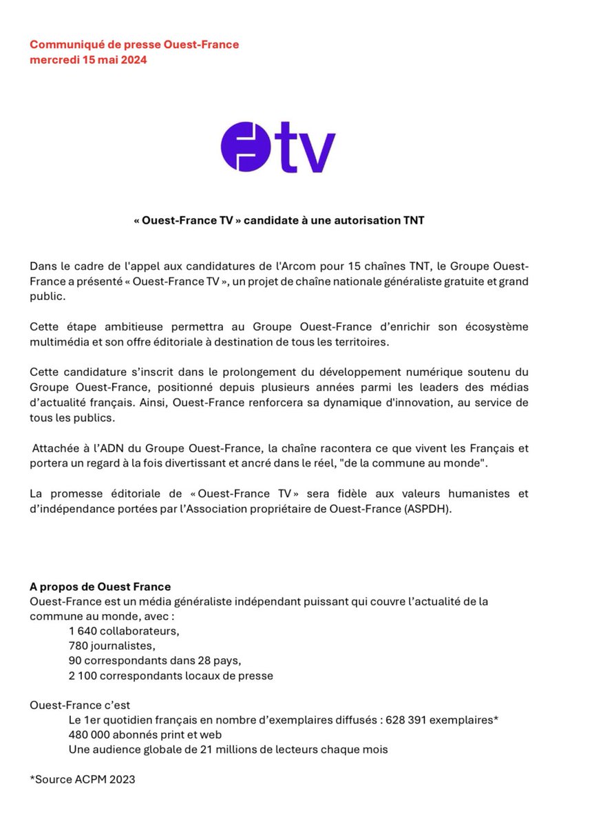 Très fier de l’ambition d’<a href="/OuestFrance/">Ouest-France</a> qui ne cesse d’essayer d’innover au service des lectrices et lecteurs. Le match sera relevé mais l’équipe est belle et motivée #medias #television