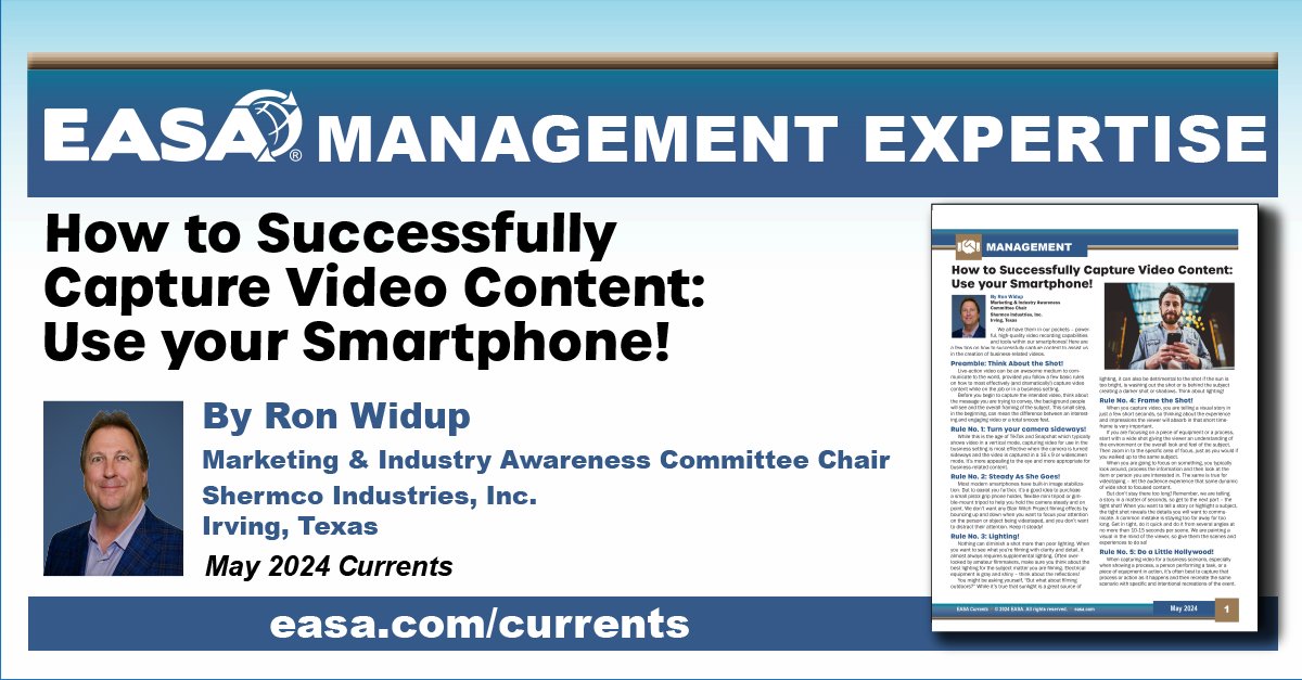 Learn more about capturing video content in the May edition of @easahq's Currents. Not a member and want valuable information like this? Visit easa.com/join. #VideoContent #Smartphone #ElectricMotors