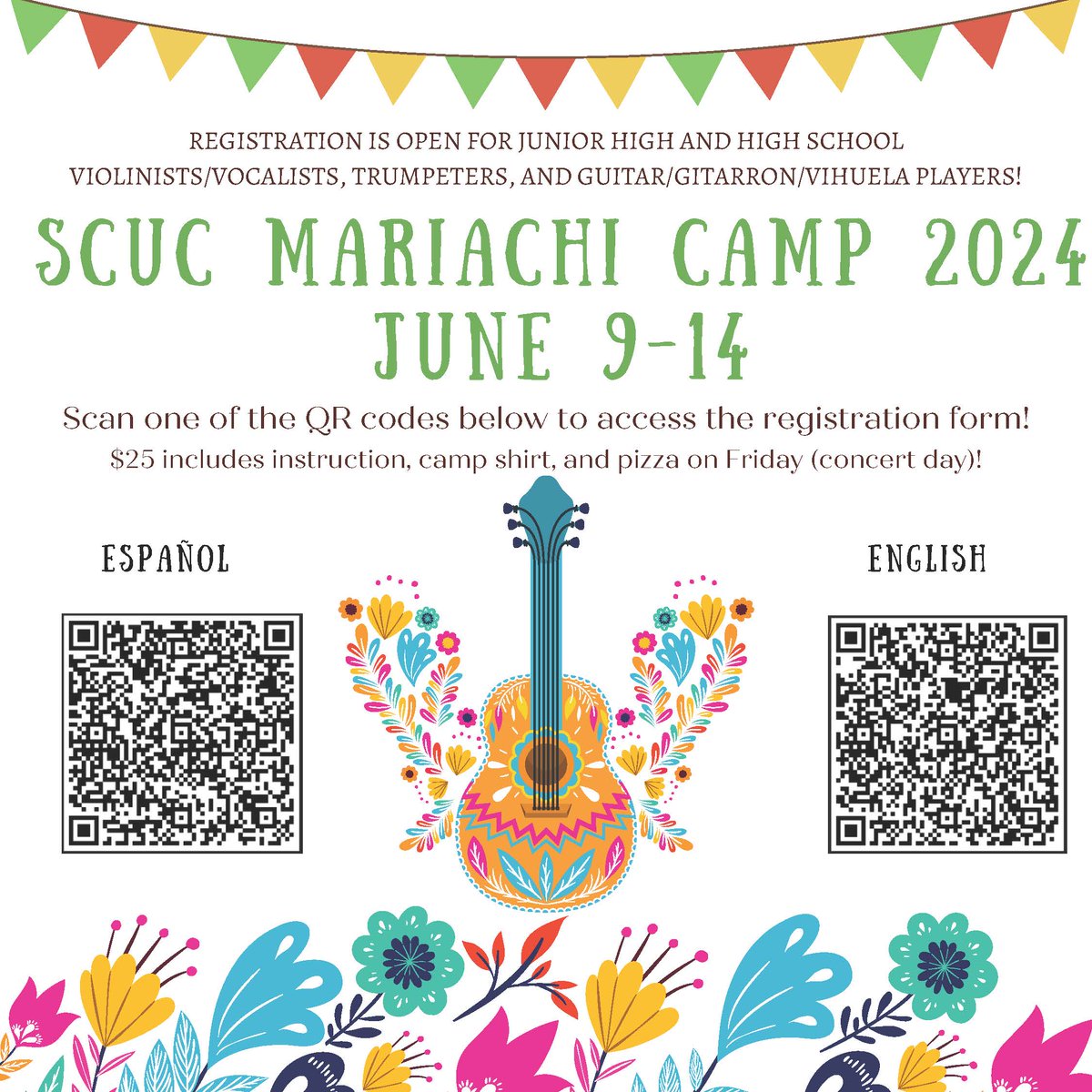 scucfinearts's tweet photo. Mariachi Camp Registration is open! June 9-14 @ Steele HS. $25 for the week of instruction, camp shirt, and Friday pizza before the concert!  Open to JH/HS SCUC violinists/vocalists, trumpet players, and guitarists who also might consider learning guitarrón or vihuela! One year of formal training is required for violin and trumpet players. Scan the QR code to register! #WeAreSCUC #SCUCMusicChangesLives