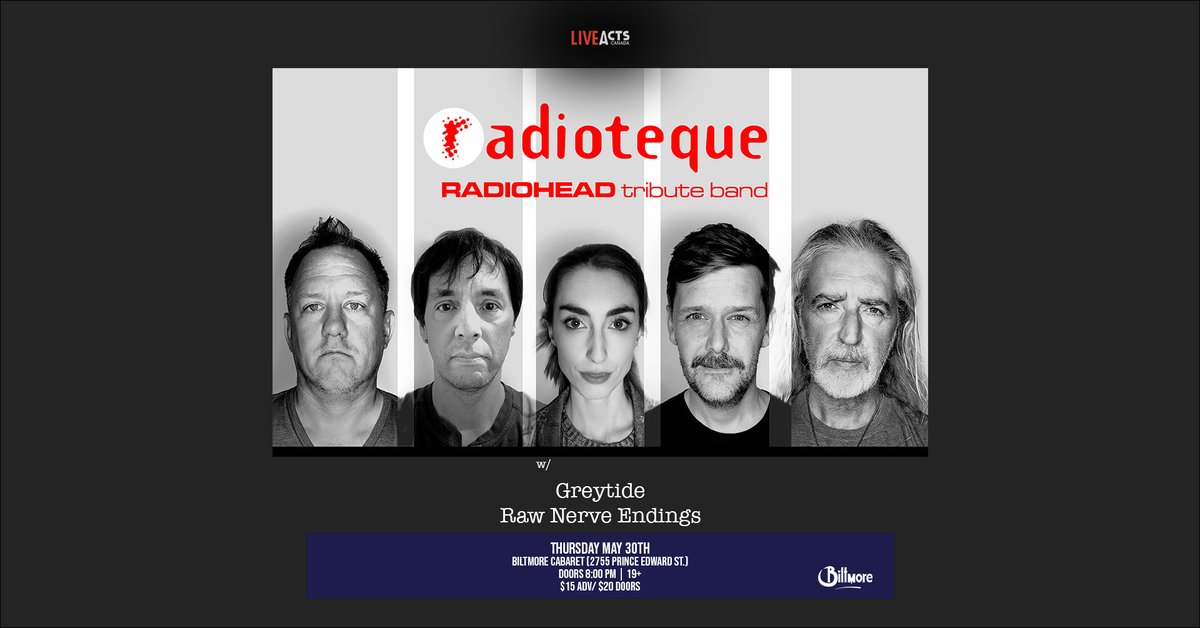 Immerse yourself in a tribute night to Radiohead with Vancouver's Radioteque, celebrating the iconic band's one-of-a-kind catalogue. Catch them at the Biltmore with special guests Greytide & Raw Nerve Endings on May 30th. 🎟️ Get tickets: bit.ly/4dIReAI