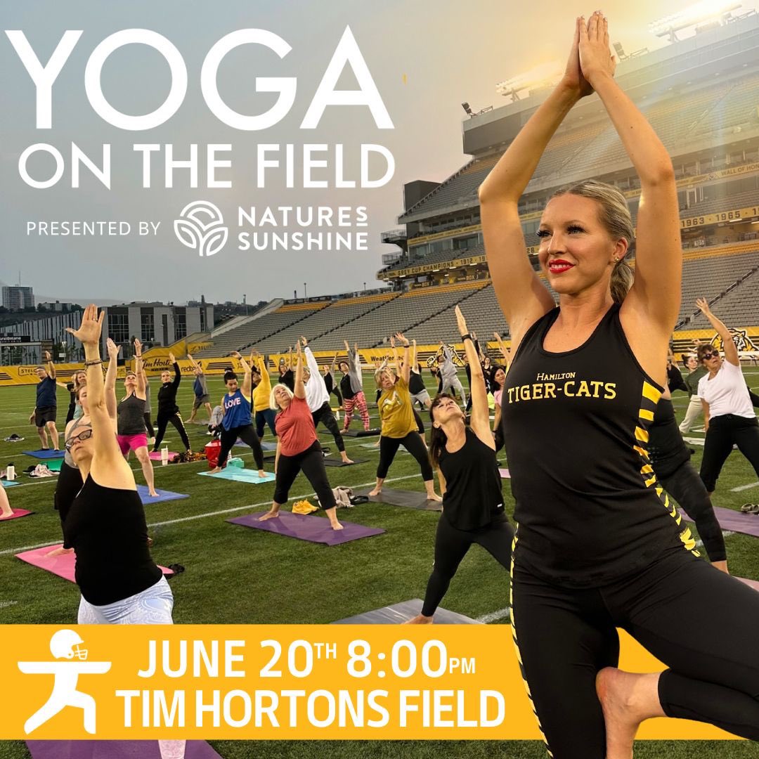 Yoga on the Field, presented by Nature’s Sunshine🧘 Join us for #SummerSolstice yoga on Thursday, June 20th at 8PM ☀️ Be guided by @CatchingHeather through a beginner friendly hour-long session on #TimHortonsField 🏟️ 🎫 | am.ticketmaster.com/hamilton/yogao… #Ticats | #NaturesSunshine