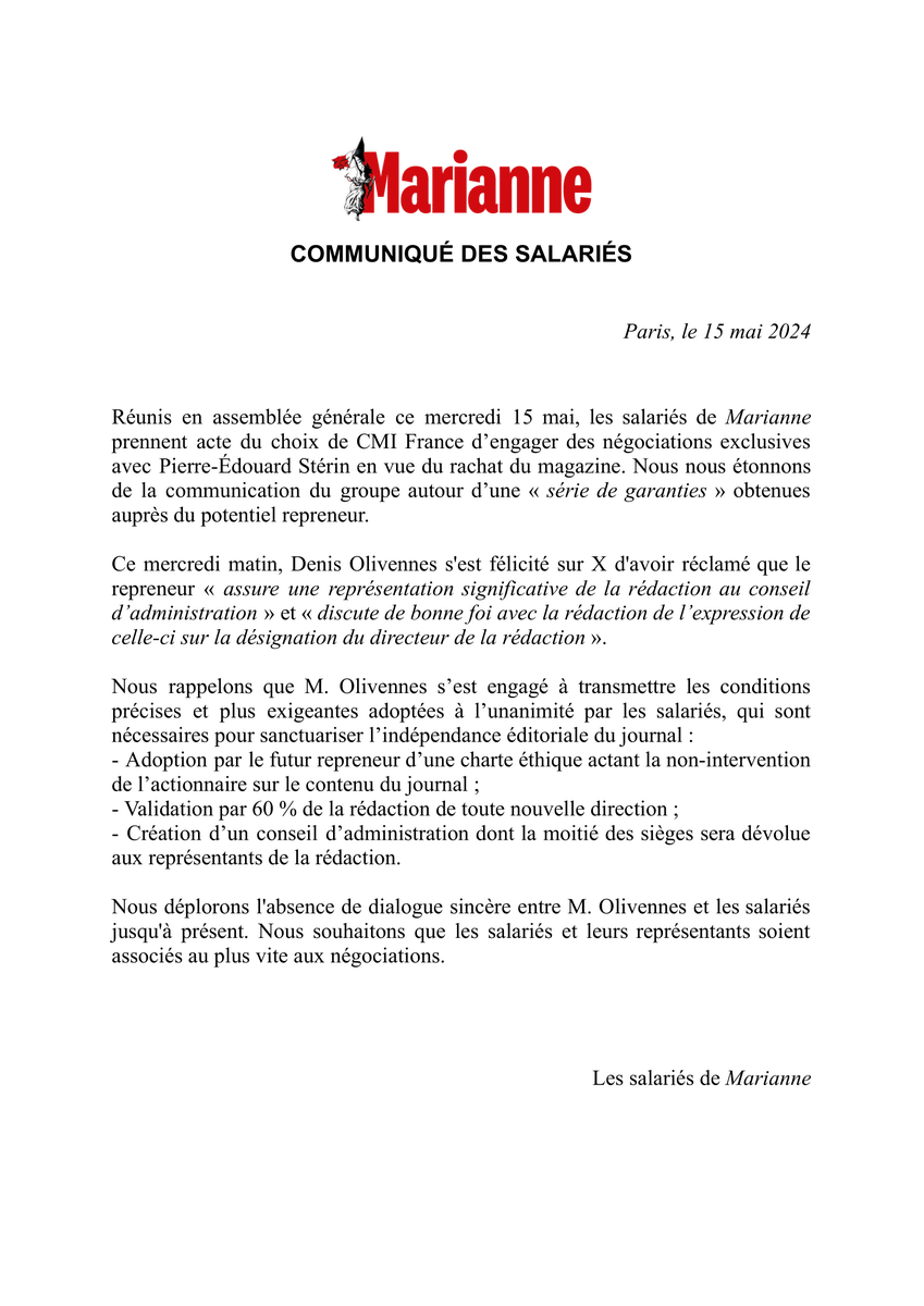 Un communiqué des salariés de <a href="/MarianneleMag/">Marianne</a>.
