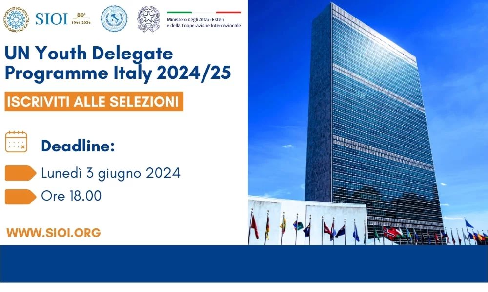 Online il bando UNYDP 🇮🇹 2024/25 indetto da @ItalyMFA_int e @SIOItweet  per selezionare i prossimi Italian Youth Delegates alle Nazioni Unite 🇺🇳

✍️Candidati entro il 3 giugno!

ℹ️Bando: rb.gy/5dw7j7