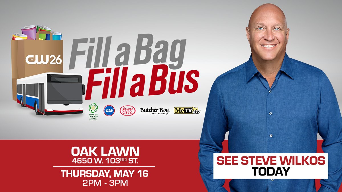 Come donate to our 'Fill a Bag, Fill a Bus' food drive TODAY!🗣️ Join @cw26chicago the @fooddepository, @metvfm, the @cta, and Butcher Boy Cooking Oils at @jewelosco from 12-5:30P to donate If you want to meet Steve Wilkos from @SteveWilkosTV he will be joining us from 2-3P