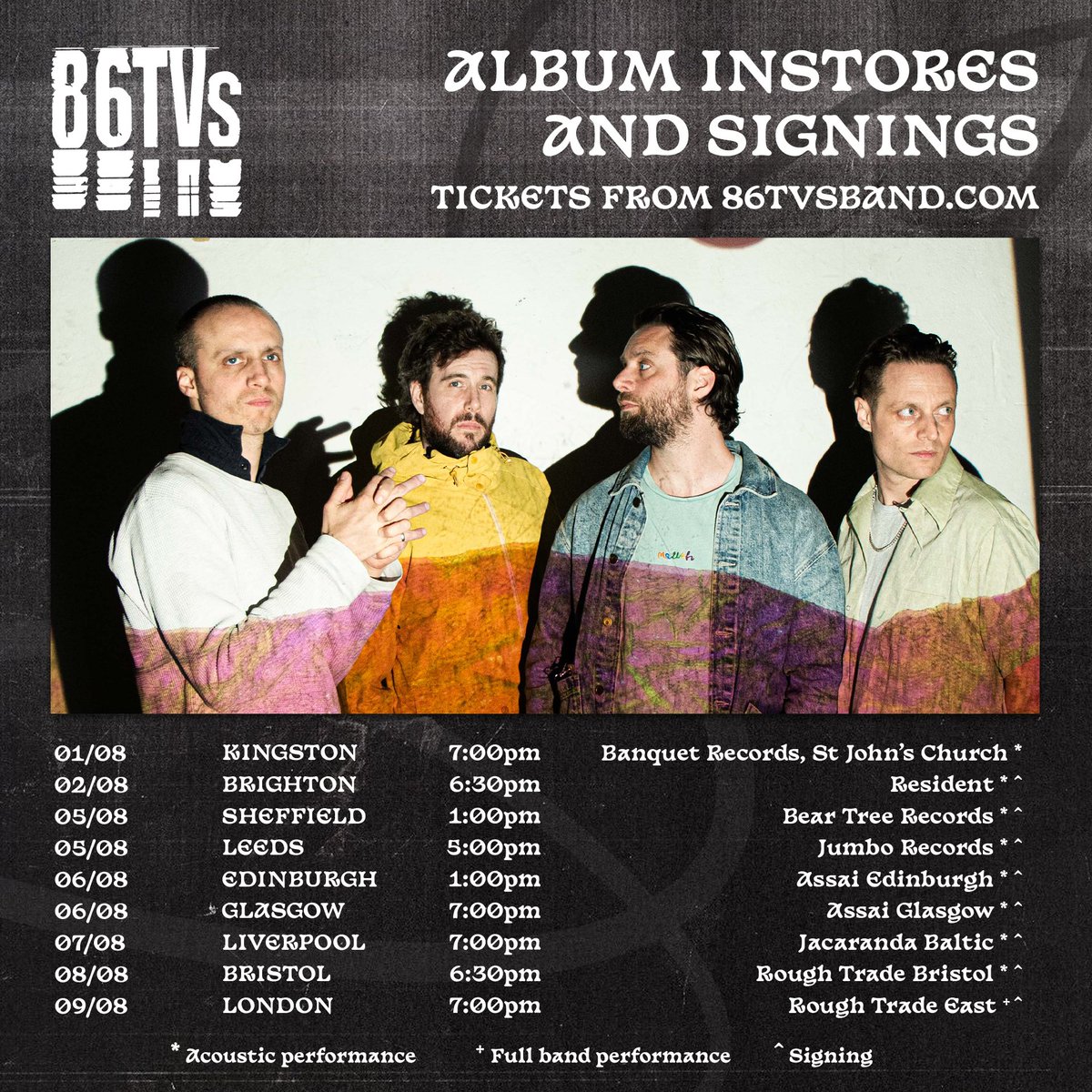 We are really looking forward to seeing you later this summer when we come and play record stores everywhere! They are selling fast and the album comes with the ticket. Hanging around and signing them in all stores too. ✍️📺 86tvsband.com