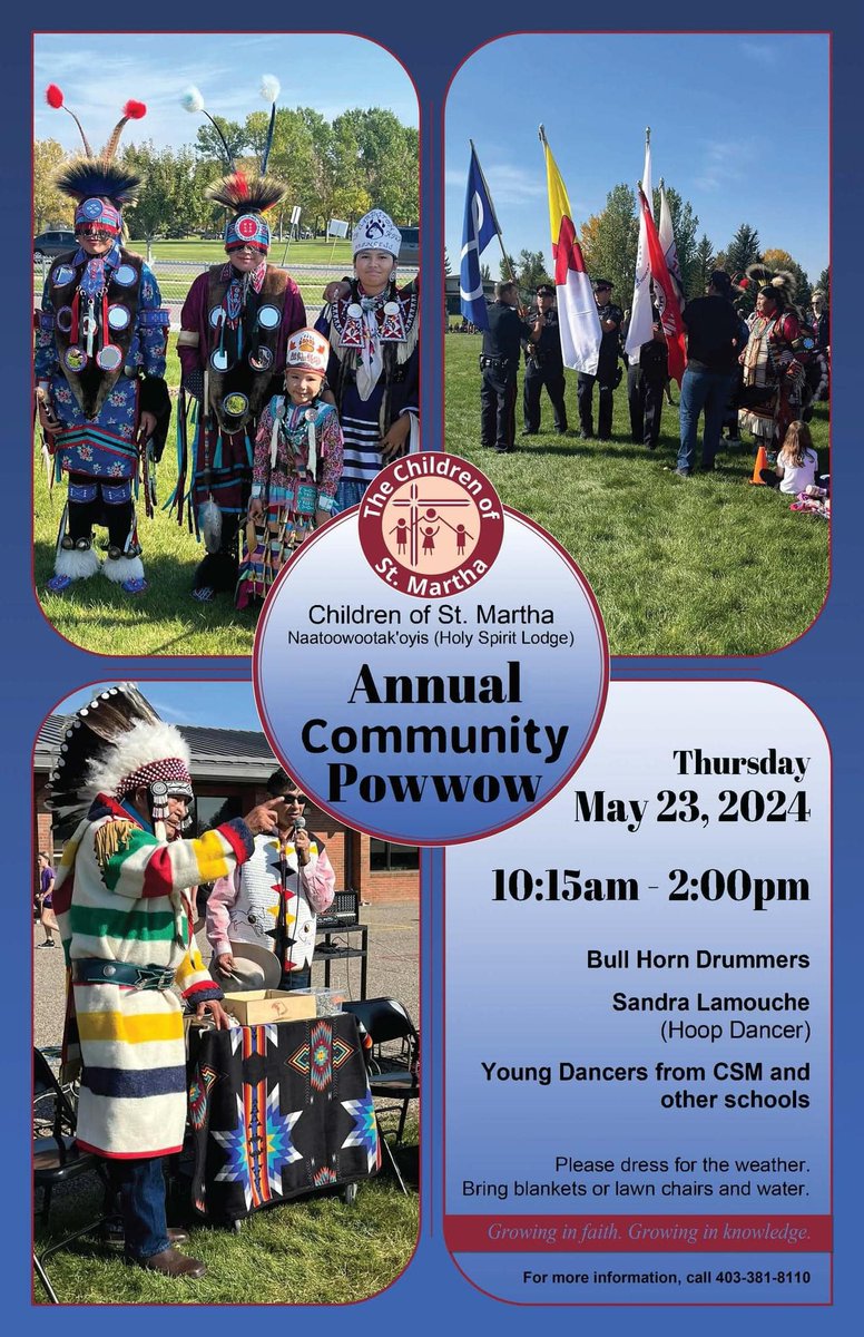 We're just over a week away from the @CSMhs4 Annual Community Powwow! This incredible event will be happening from 10:15am-2:00pm on Thursday, May. 23, 2024. For more information, you can call (403) 381-8110. #CommunityPowwow #FNMI #IBelieveInCatholicEd #hs4