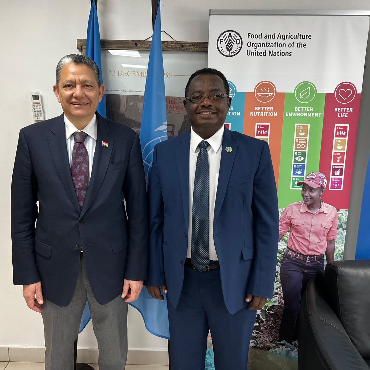 The @FAOAfricaADG Abebe Haile-Gabriel with Egypt's Ambassador to Ghana H.E. A. M. Youseef. The two discussed transferring ag knowledge from Egypt to other African countries under a South-South agreement with FAO & the Egyptian Agency of Partnership for Development (EAPD).