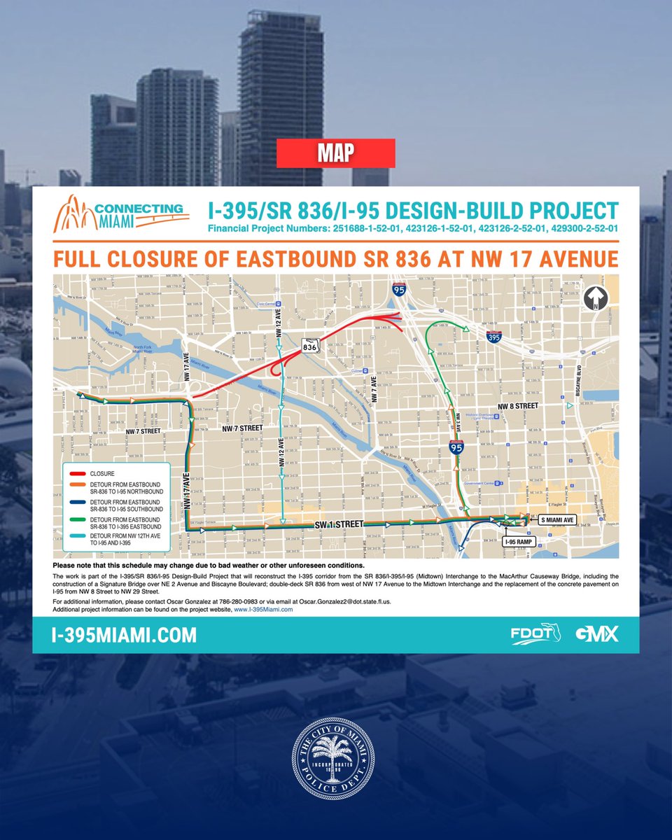 Starting on Friday, May 17, complete closures of eastbound SR 836 will be implemented from NW 17 Ave to I-95 to safely construct a bridge support structure that will span the entire width of eastbound SR 836 just west of I-95. Initial closures to start the construction of the
