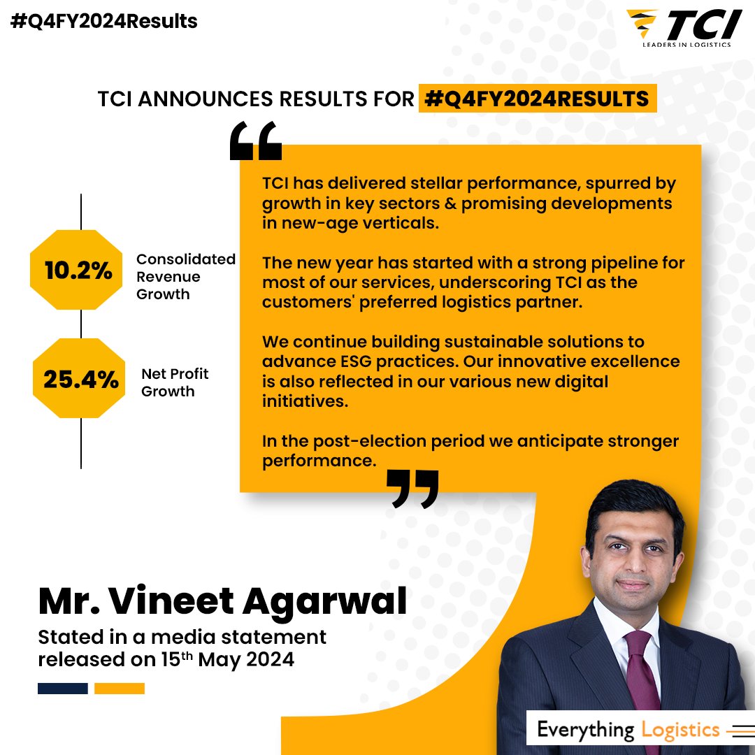 Pleased to announce our Q4 FY2024 results. Thank you to all our valued customers for their unwavering confidence in TCI. 

We remain steadfast in our commitment to deliver reliable performance.
#TCI #Q4 #FinancialResults #EverythingLogistics #Q4FY24 #LeadersInLogistics #Logistics