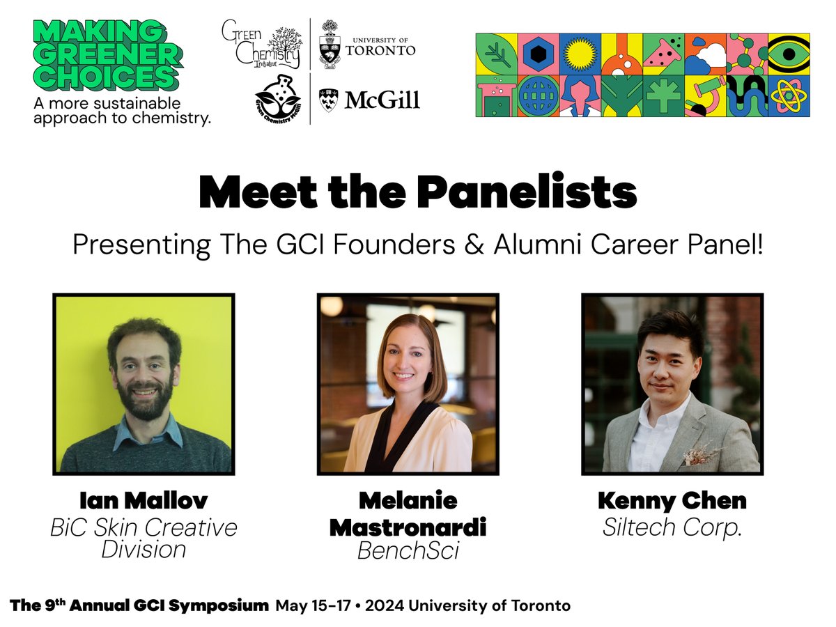 Thrilled to introduce the panel speakers for the upcoming GCI Symposium! These remarkable University of Toronto alumni have played pivotal roles in shaping the Green Chemistry Initiative we now know and love. Don't miss this enlightening discussion on a more sustainable future!