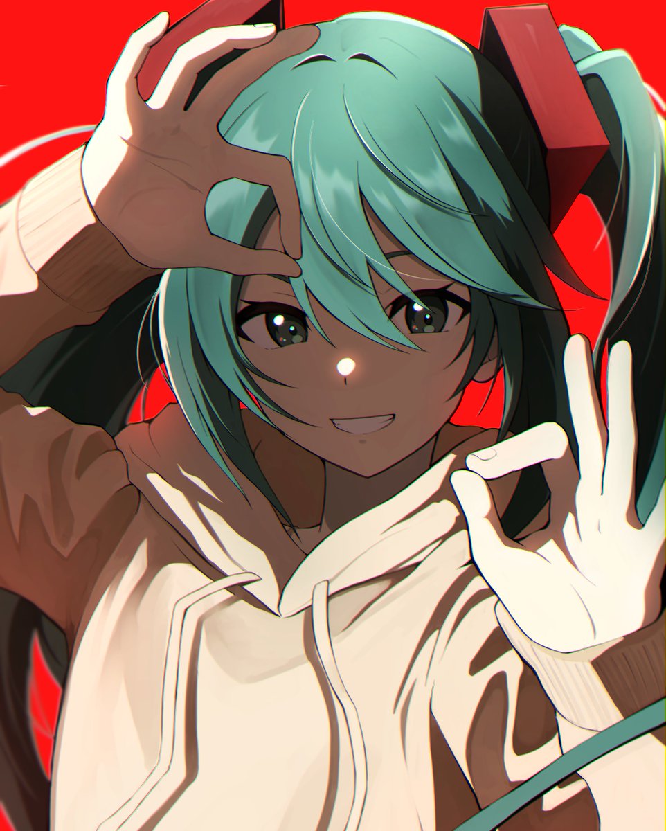 hatsune miku 1girl solo long hair looking at viewer smile simple background long sleeves  illustration images