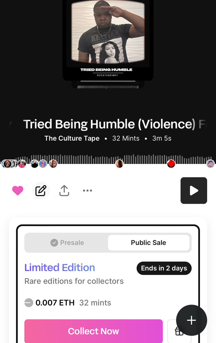 🚨ONLY 2 DAYS LEFT FOR “TRIED BEING HUMBLE (VIOLENCE)” PROD. BY RODNEY “DARKCHILD” JERKINS

MINTS #31-#50 ELIGIBLE FOR $50 GIVEAWAY 🤑

1 Live Studio Session Stream for Every Holder

Access to EXCLUSIVE Mixtape ONLY Available for holders 🔥 

And more 👀 sound.xyz/theculturetape…