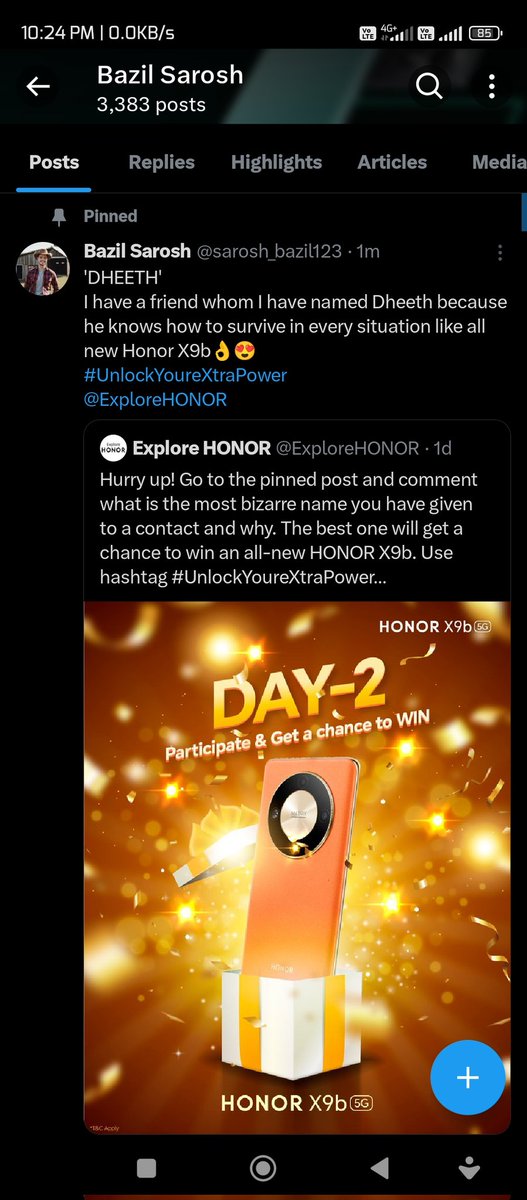 sarosh_bazil123's tweet photo. @ExploreHONOR 'DHEETH'
I have a friend whom I have named Dheeth because he knows how to survive in every situation like all new Honor X9b👌🤞😍
#UnlockYoureXtraPower https://t.co/KfChI6p6CA