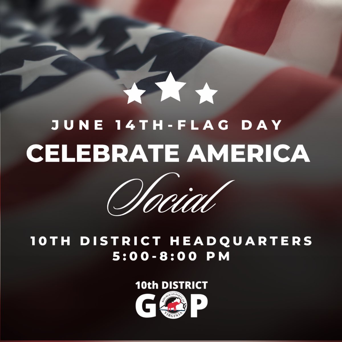 📌Save the date…June 14 

🇺🇸 Flag Day “Celebrate America” Social
🗓️ June 14, 2024
⏰ 5:00-8:00 pm
📍 VA10 GOP HQ, 20098 Ashbrook Place, Ashburn