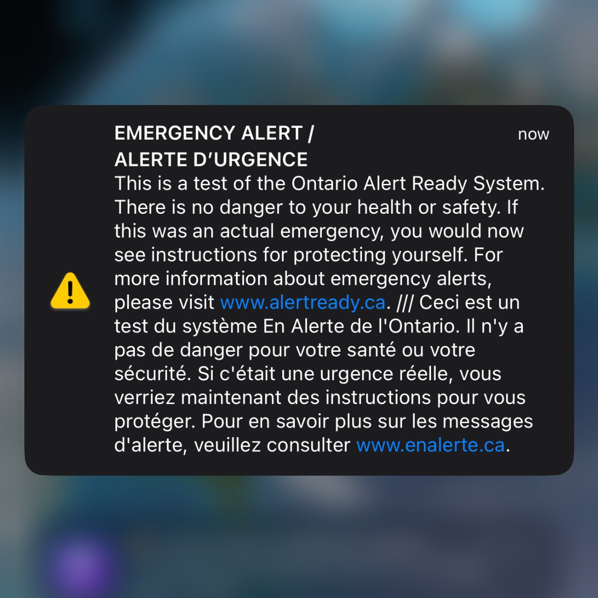 Holy Shit

The Emergency Alert respected my Silent Vibration mode, instead of giving me a Mini Heart Attack.

EXCEPT it cut into the Blue Jays-Orioles game on the radio. #EmergencyAlert
