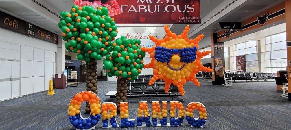 The sun is shining at ABE!  We're getting ready for our inaugural flight to @MCO on Thursday morning aboard @Allegiant. Thank you @ebBalloonWorks for this fantastic display and backdrop for the event. #Airport #LehighValley