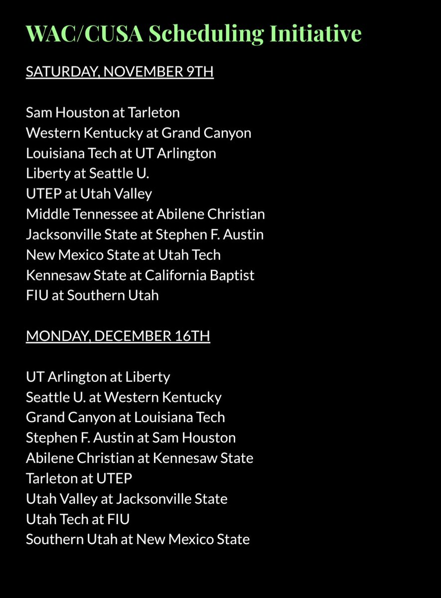 NEWS: The WAC and CUSA have set Alliance matchups, per multiple sources. Part of each league's scheduling initiative.

Matchups for the 24-25 season are here. These are subject to change due to potential realignment or date shifts.

Appreciate @WACHoopsNation for validating.