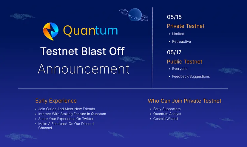 Our Private Testnet is now live for Quantum's Alpha!🚀
If you are not Alpha yet, join our Discord: discord.gg/jyxPbpPG and claim your own role to join it.
Public Testnet is coming! Get ready to dive into the future of NFT-gated Guild Staking with Quantum Finance’s Testnet launch!
Here’s what you need to know👇