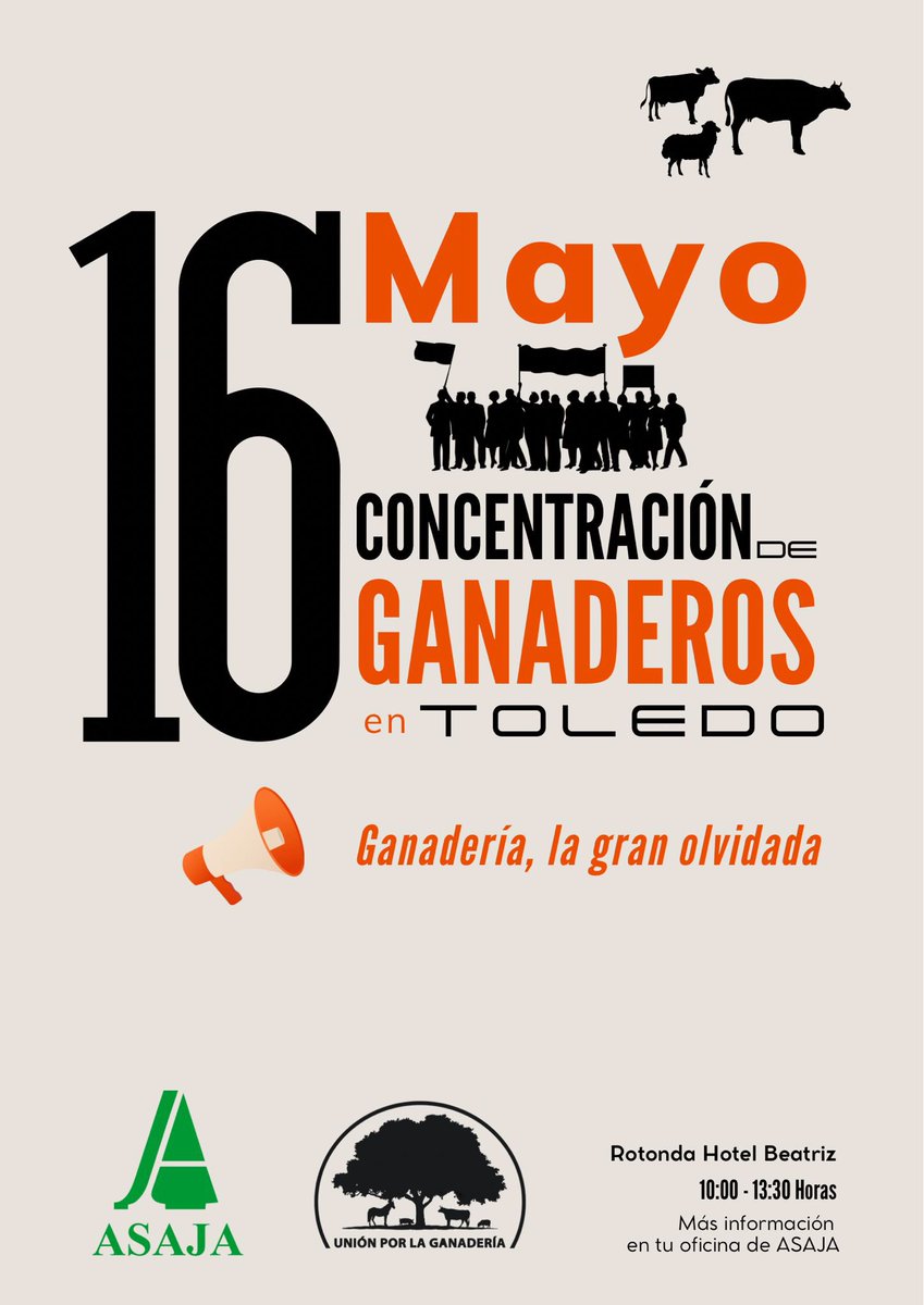 Mañana 📢 16MY, Concentración en 📍#Toledo ⌚10:00. Defiende lo nuestro. Defiende la ganadería. #Únete @ASAJACLM @AsajaSalamanca #unionporlaganaderia