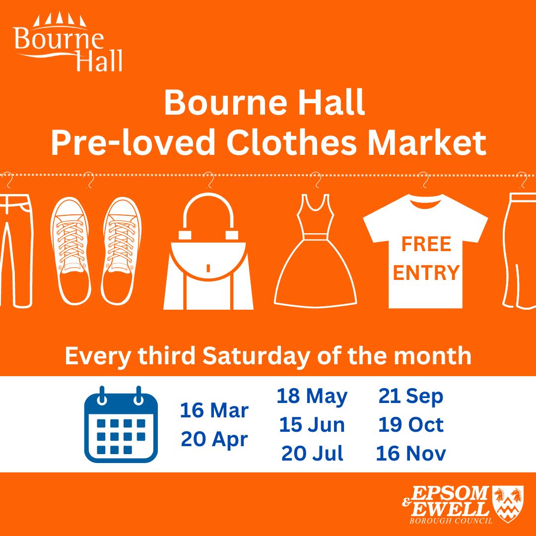 The Bourne Hall Pre-Loved Clothes Market is back on Saturday from 10am-2pm. Why not come along and shop for retro, vintage, pre-loved clothes, shoes and accessories - and grab a bargain! 👔 👒 👞 👚 Free entry. Bourne Hall, Spring St, Ewell KT17 1UF.