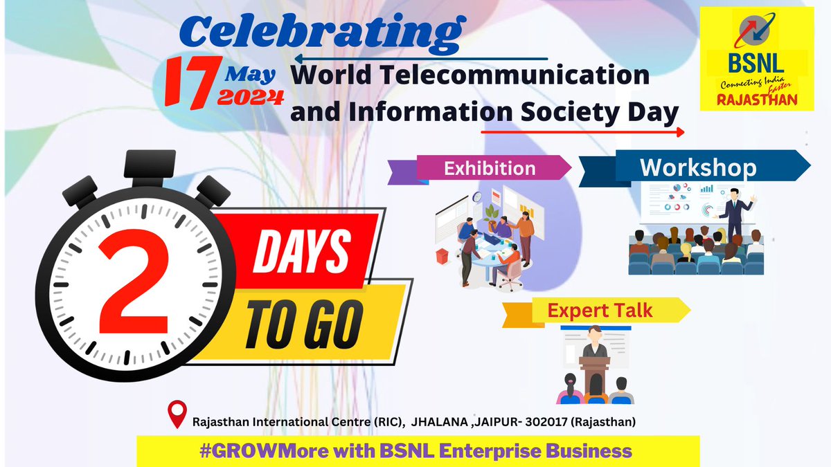 Celebrating World Telecommunication and information Society Day 2024.
2 days to go...
Exhibition, Workshop, Expert talk & more
17, 2024 (Friday) at RIC, Jaipur
11:00 am - 05:30 pm
#JoinUs for an exciting event showcasing telecom solutions customized for your organization/office.