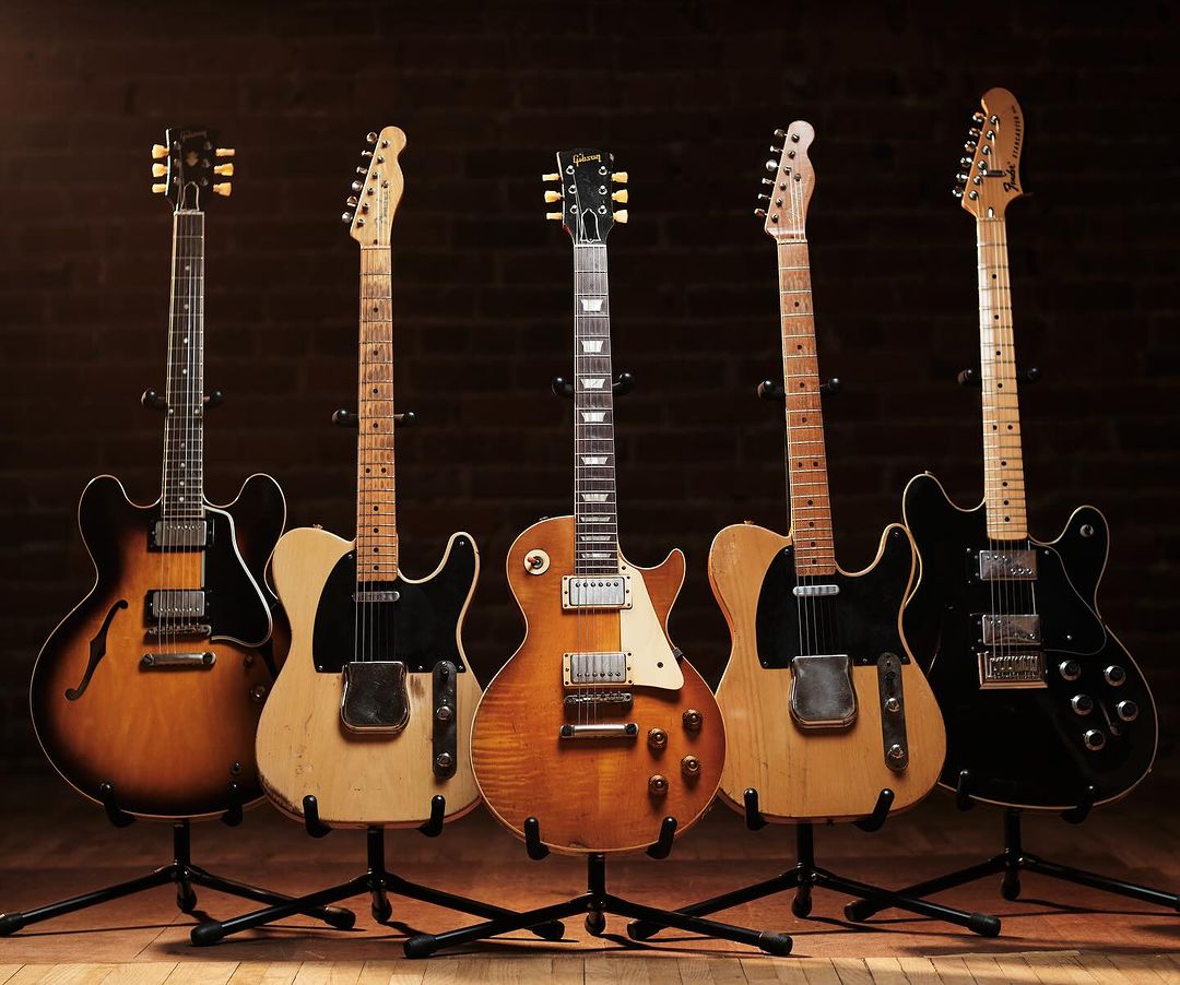1960 Gibson ES-335, 1951 Fender Nocaster, 1958 Gibson Les Paul Standard Burst, 1950 Fender Broadcaster, and 1974 Custom Color Fender Starcaster #guitar