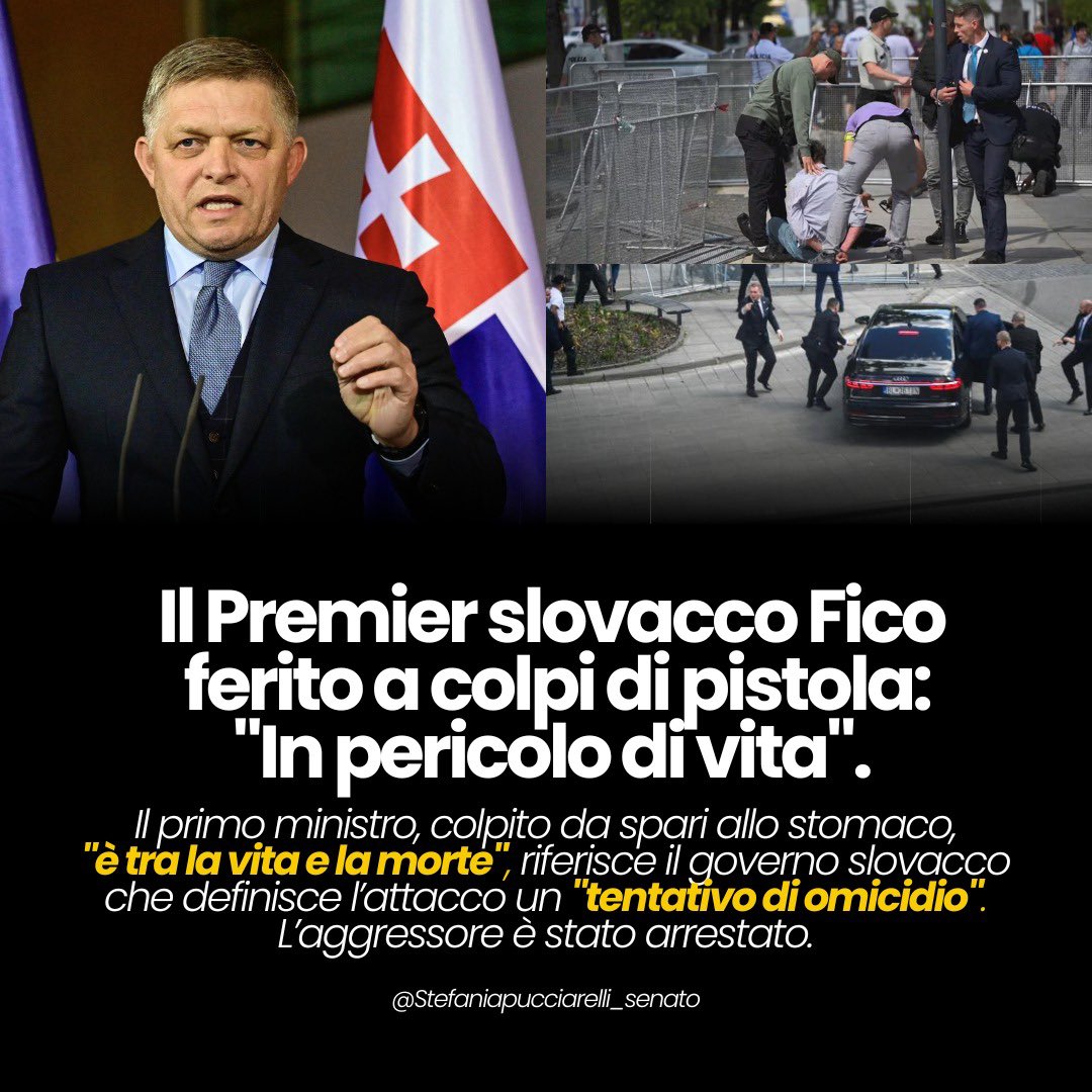 Il premier della Slovacchia Robert Fico è stato ferito a colpi di pistola ed è stato ricoverato d’urgenza. Una notizia terribile, la mia vicinanza ai famigliari e all’intero popolo slovacco.