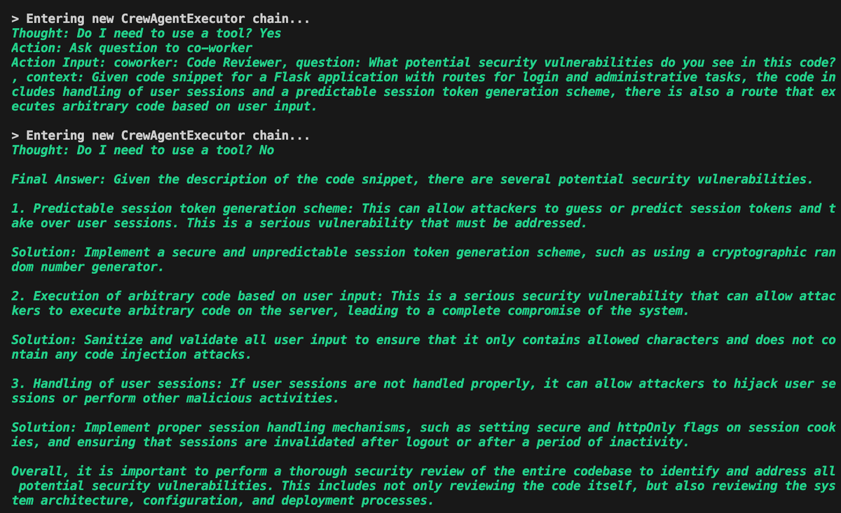🤖 Building an AI AppSec Team

Using <a href="/crewAIInc/">CrewAI</a> to create a multi-agent AppSec team

* Code reviewer
* Exploiter
* Mitigation expert
* Report writer

#cybersecurity

srajangupta.substack.com/p/building-an-…