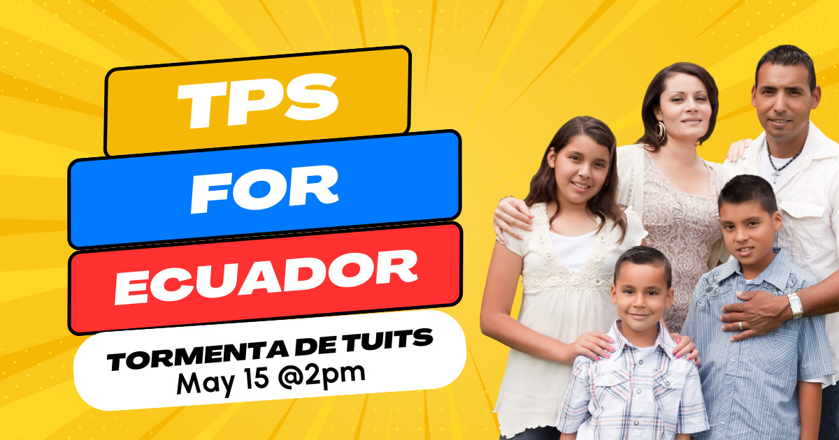 Te esperamos hoy a las 2pm EST para crear consciencia sobre #TPSparaEcuador. Pide al @SecMayorkas a tomar medidas inmediatas para mantener a las familias unidas y otorgar el TPS a los ecuatorianos. #TPSforEcuador